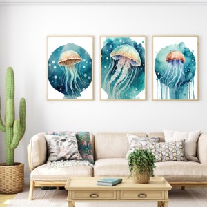 Jellyfish Wall Art Watercolor, jellyfish water color painting, light blue  Modern Printable Art, Circle Dot, Marine Splendor  Digital Print