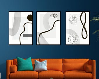 Set of 3 Minimalist Abstract Wall Art, Neutral Beige Black Scandinavian Prints (Digital Download)