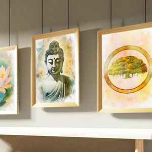 Lotus Flower and Buddha Wall Art Set 3, Banyan Tree Printable Posters, Lotus Print,Lotus Wall Decor, Spiritual Wall Art, Instant Download