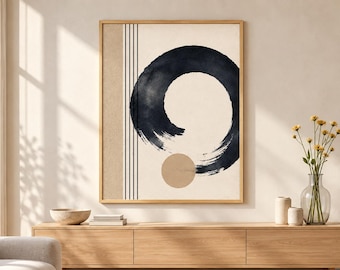 Zwarte Enso cirkel muurdecoratie, minimalistische zen print, Japandi decoratie (digitale download)