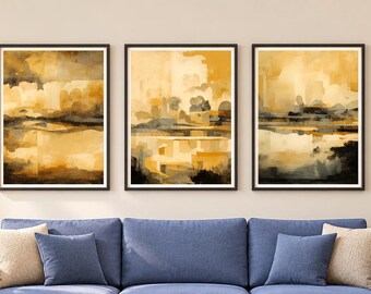 Neutral Abstract Landscape Print Set of 3, Minimalist Earth Tone Wall Art (Digital Download)