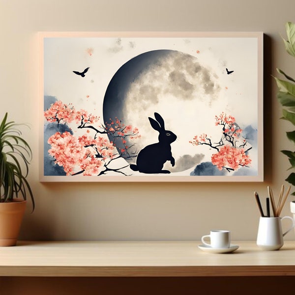 Japandi Wall Art, Japanese Rabbit Moon Ink Painting, Minimalist Decor, Modern Neutral Home Decor, Living Room Decor, Digital Download