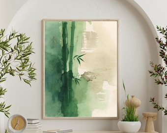 Zen bambu akvarelltryck, minimalistisk asiatisk botanisk väggkonst (digital nedladdning)