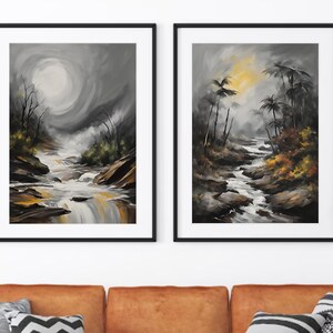 Pintura al óleo de cascada, decoración de pared con impresión abstracta, arte mural de naturaleza, arte mural de árboles, paisaje de bosque oscuro, descarga digital