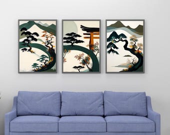 日本の風景壁掛けアート3点セット、禅山プリント、ジャパンディデコレーション（デジタルダウンロード）