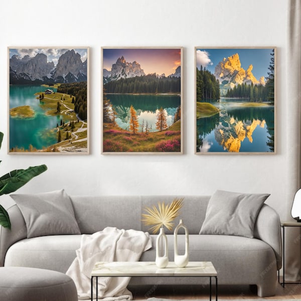 Nature Alpine Lake Misurina Wall Art, Forest Mountain Photography, Living Room 3 Piece Wall Art Nature photography, Digital Instant Download