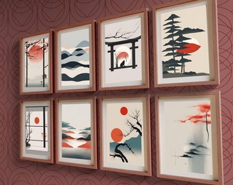Set of 8 Japanese Abstract Prints, Minimalist Japandi Wabi Sabi Wall Art (Digital Download)