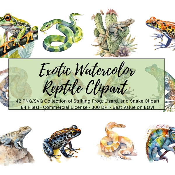 Clipart reptile aquarelle | des cliparts serpent, grenouille, lézard | 42 images PNG/SVN | Téléchargement instantané | Licence commerciale