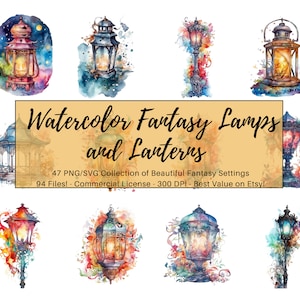 Fantasy Watercolor Magical Lamps and Lanterns Clipart | 47 PNGs/SVGs | 300 dpi | Commercial License | Magical Lights Clipart