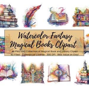Fantasy Aquarell Magie Zauberer Bücher und Bibliothek Clipart | 46 PNG / SVG-Dateien | 300 dpi | Kommerzielle Lizenz | Fantasy Clipart | Bücher