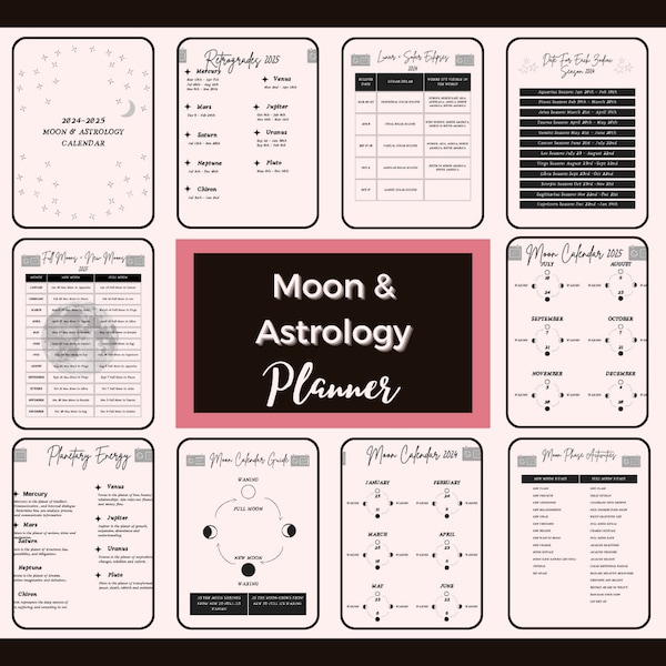 2024-25 Lunar Calendar Printable, Moon Phase, Astronomical Events, Lunar cycle, Moon Magic,Manifesting, Moon Calendar, PDF, Astrology