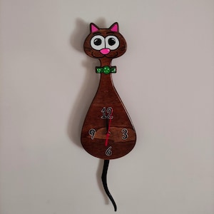 Personalized and Handcrafted Wood Wall Swinging Pendulum Cat Clock