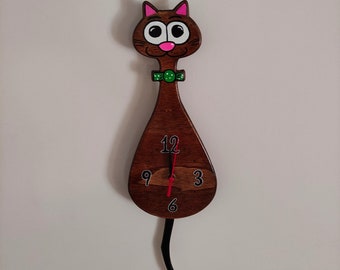 Personalized and Handcrafted Wood Wall Swinging Pendulum Cat Clock