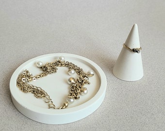 Off White Jewellery Display Set, Nude Ring Holder Cone and Circle Tray, Jesmonite Concrete Trinket Dish