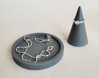 Black Jewellery Display Set, Ring Holder Cone and Circle Tray, Jesmonite Concrete Trinket Dish