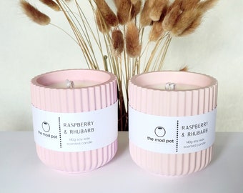 Raspberry & Rhubarb Soy Wax Candle, Sweet Fruity Scent, Modern Decor, Handmade Jesmonite Pot, Vegan Wax Candle, Aesthetic Decor