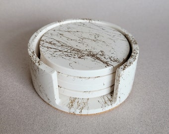 White and Gold Marble Effect Coaster Set, White Minimalist Jesmonite Cup Coasters, Concrete Cup Mats and Holder