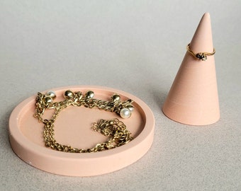 Peach Jewellery Display Set, Ring Holder Cone and Circle Tray, Jesmonite Concrete Trinket Dish Pastel Peach Light Terracotta