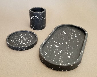 Black terrazzo trinket tray set, Black tealight holder, Jesmonite dish, Concrete Soap dish, Candle Holder
