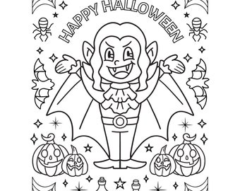 Può includere: Illustrazione in bianco e nero a tema Halloween con un vampiro dei cartoni animati, zucche, pipistrelli, ragni e bottiglie di pozioni. Le parole "HAPPY HALLOWEEN" sono scritte in alto.