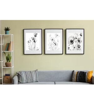 Minimalist Black and White Floral Line Art Trio: 3 Elegant Flower Wall Prints, Chic Digital Décor for Home & Flower Wall Spaces