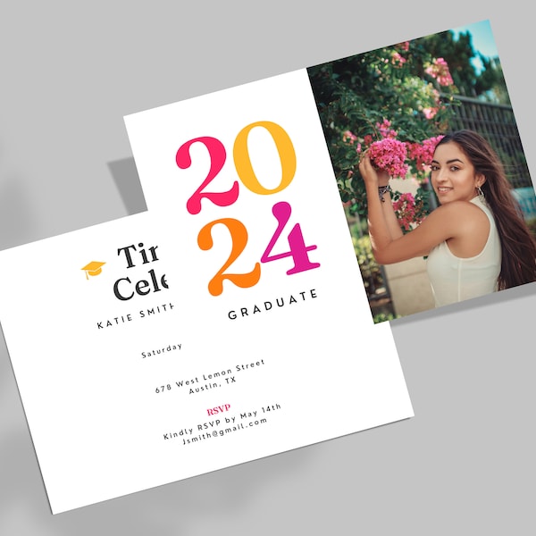 Trendy grad invitation - downloadable graduation invite template - 2024 grad party senior announcement - modern multicolor grad announcement