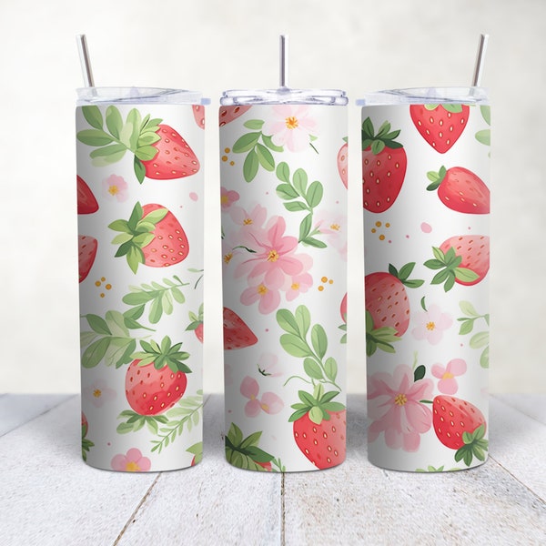 Fraise Tumbler Designs, 20oz Skinny Tumbler Wrap, Modèle de gobelet à paillettes sans soudure - Téléchargement numérique PNG