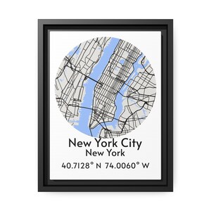 New York City Framed Matte Canvas, Black Frame Street Map with Coordinates