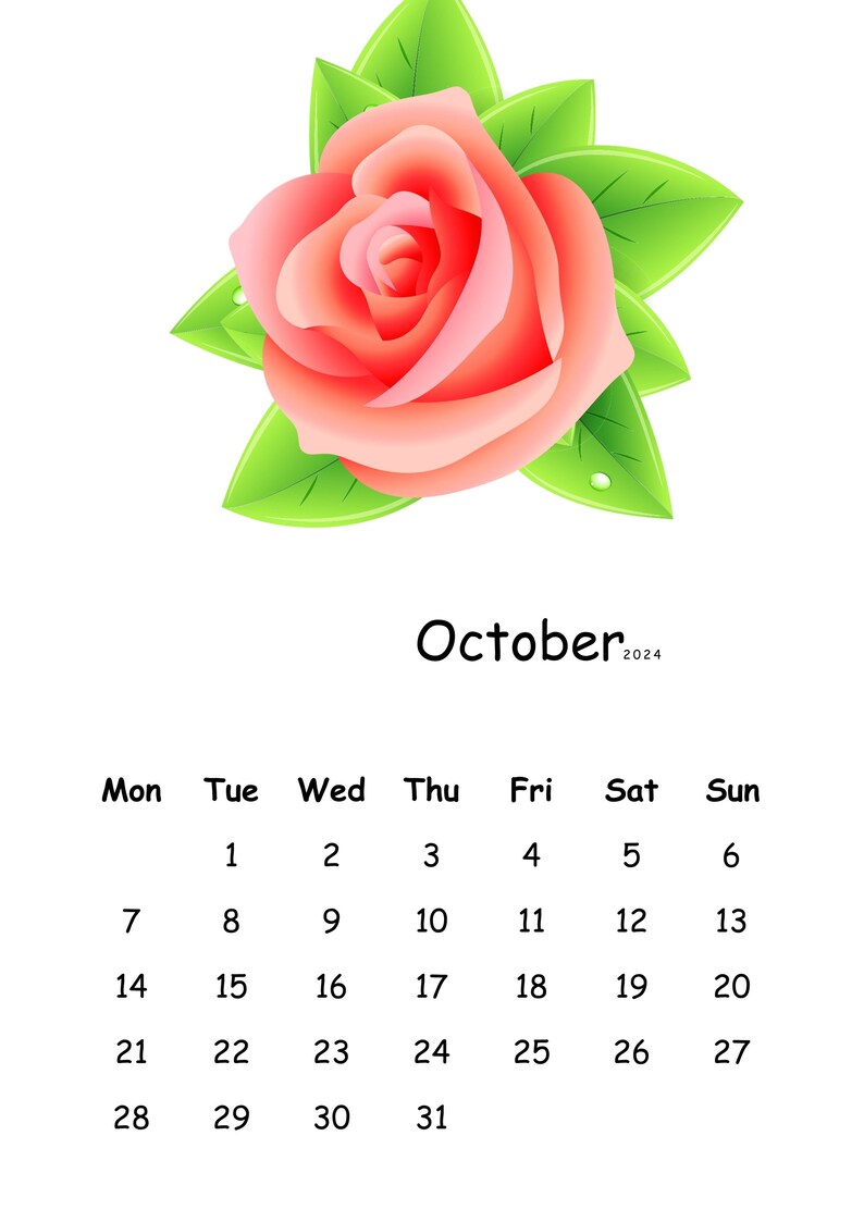 2024 Minimalist Rose Calendar Sun or Mon Start Etsy