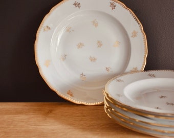 Service de 6 assiettes creuses en porcelaine de Limoges blanche à fleurs dorées « LIMOGES »