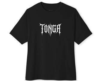 May include: Black crew neck t-shirt with the word "TONGA" in a white, gothic-style font across the chest. The shirt has short sleeves and a classic fit, suitable for casual wear.