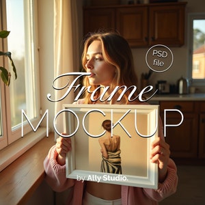 Frame Mockup With Person in Warm Kitchen Light, Holding Thin Metal Frame, DIN A Ratio PSD Photoshop Mockup, Cozy Minimalist Interior