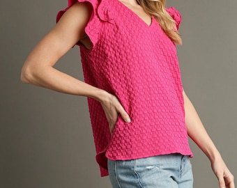 Haut à col en V en jacquard texturé (rose vif)