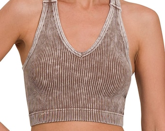 Bralette débardeur côtelée à dos nageur délavé avec coussinet de soutien-gorge (Moka)