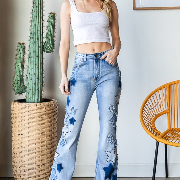Oli & Hali Star Studded High Rise Denim Flare Jeans