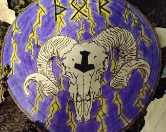 Norse Pagan Thor Altar Plaque - Hand-Burned Mjolnir Wood Slice - Pyrography Ram Skull Sacred Space Wall Art