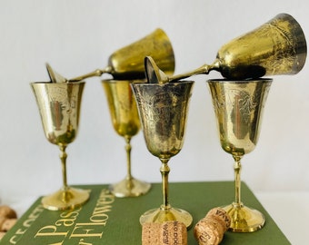 Brass Goblets Set of 6 Vintage Brass Challis etched