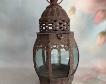 iron lantern Moroccan indoor outdoor hurricane candle light filigree bubble glass