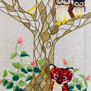 Crewel art mushroom fox owl woodland embroidered canvas Anthropology inspired