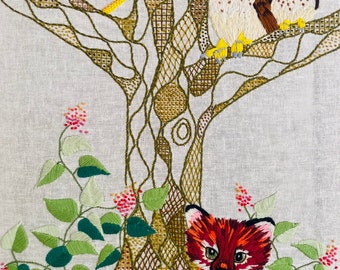 Crewel art mushroom fox owl woodland embroidered canvas Anthropology inspired