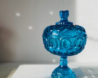 moon stars blue collectible glass pedestal compote dish with lid LE Smith collectible glass