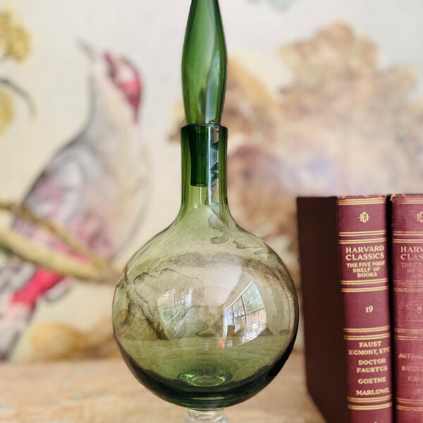 Blenko style glass decanter teardrop stopper retro green bubble glass on pedestal collectible glassware mid century modern