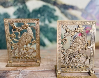 brass chinoiserie Phoenix peacock bookends set of 2