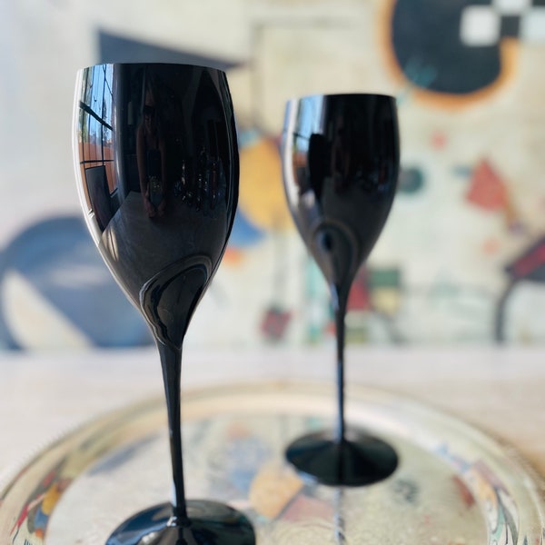 black wine glasses 1980s barware Hollywood Regency set of 2