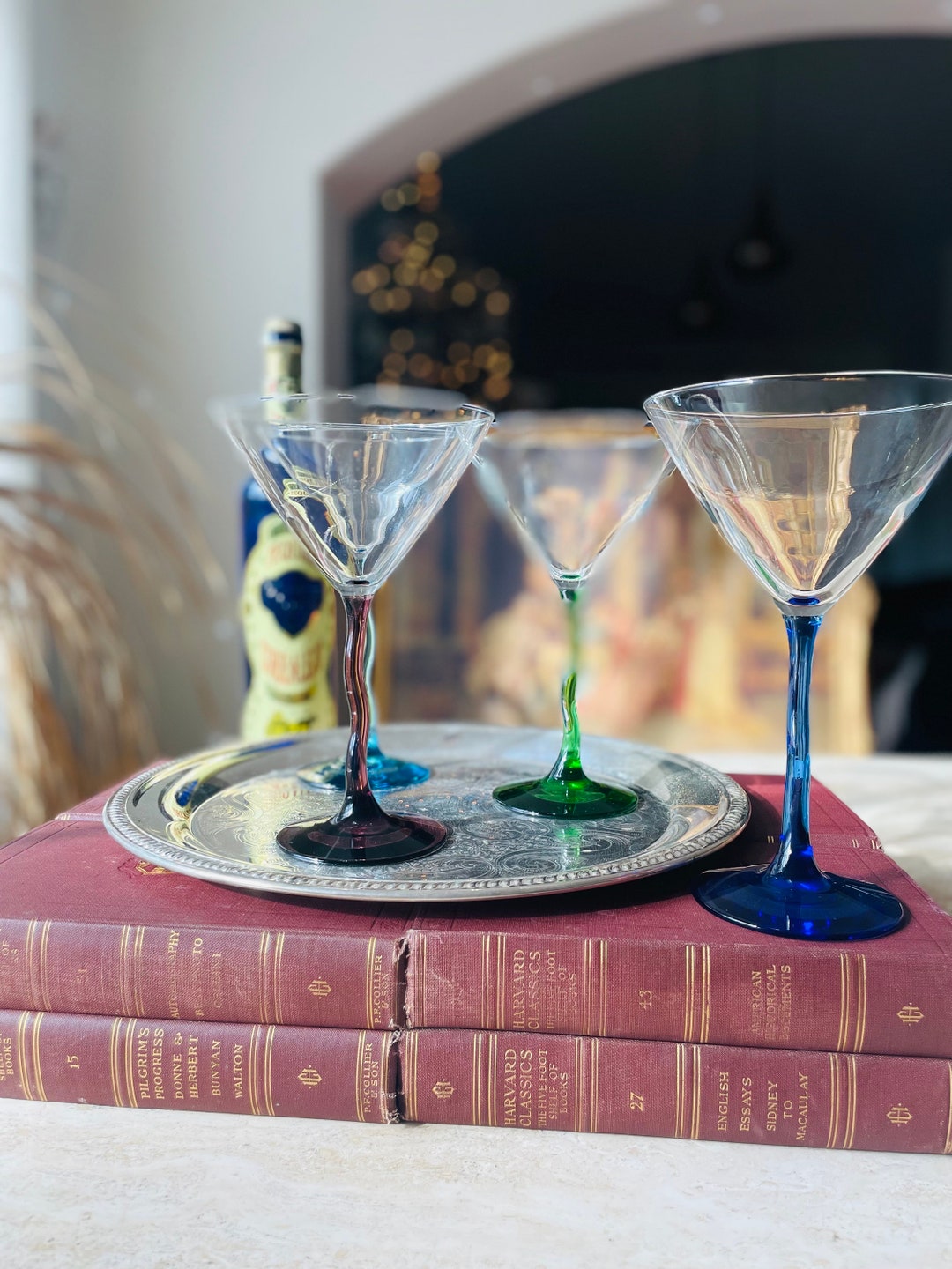 Martini Glasses Twisted Stem Colored Glass Plum Cobalt Blue Turquoise Green Stem Set 4 Cocktail
