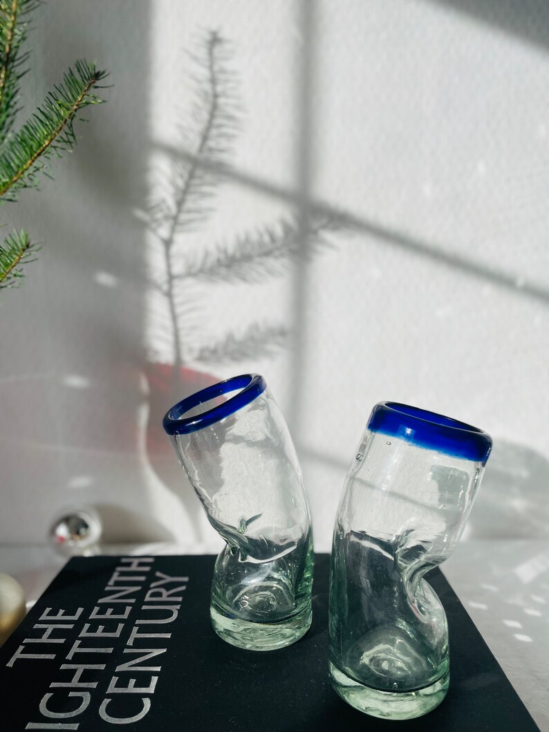 Handblown Borracho Drunken Drinking Glass Blue Rim Mexico Set Etsy