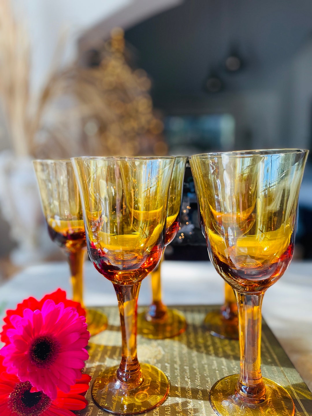 Amber Glass Wine Goblets Water Glasses Vintage Set of 5 Amber Colored
