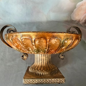 pedestal urn classic trophy handles copper roses metal finish chippy Italian farmhouse