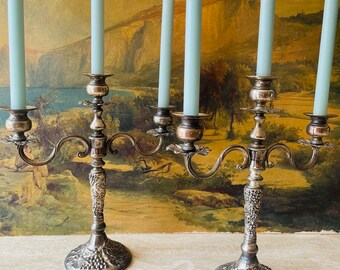 three arm silver pewter candleabra candlestick holder ornate grapevine pattern candleabra set of 2