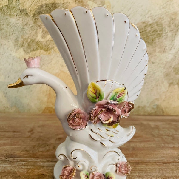 swan porcelain vase gold pink ivory open back swan Royal Japan vintage collectible